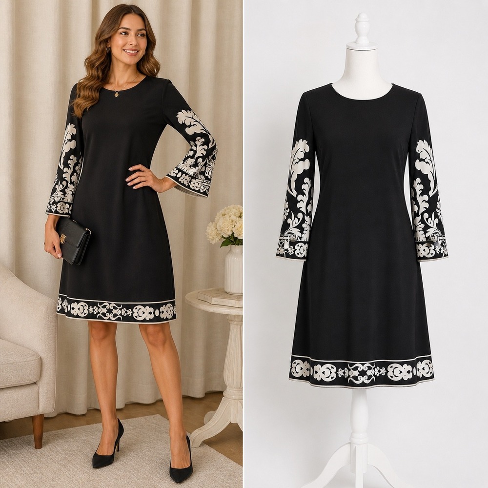 Donna Morgan 10 Sheath Dress Black White Patterned Flare Sleeve Office Day Night - Picture 3 of 12